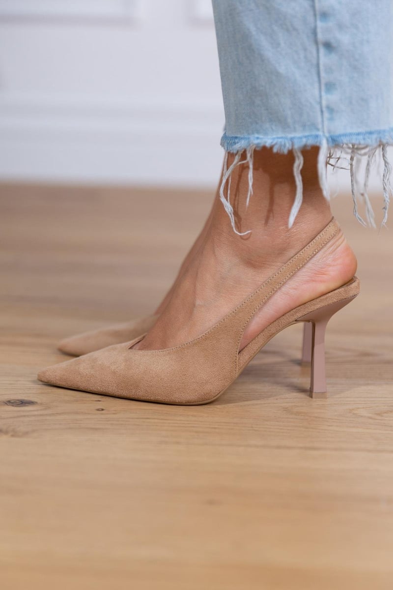 Szymański™ | Beżowe szpilki slingback na cienkim obcasie