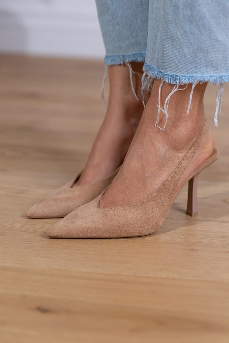 Szymański™ | Beżowe szpilki slingback na cienkim obcasie